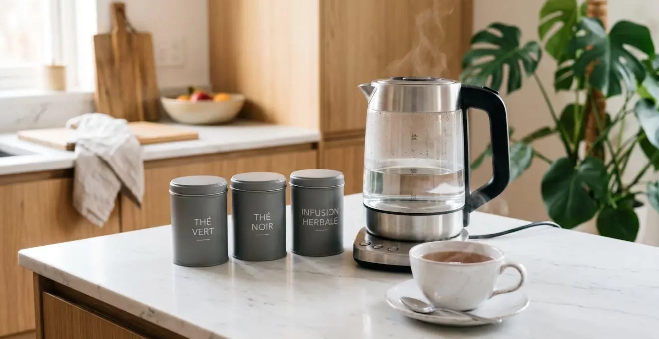 Comptoir de cuisine moderne avec machine à thé électrique, boîtes métalliques de rangement thé et tasse fumante sur marbre blanc