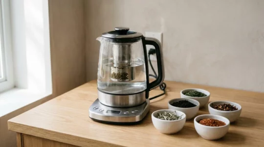 Machine à thé électrique contemporaine en verre et inox entourée de quatre coupelles contenant différentes variétés de thé en vrac sur plan de travail bois clair