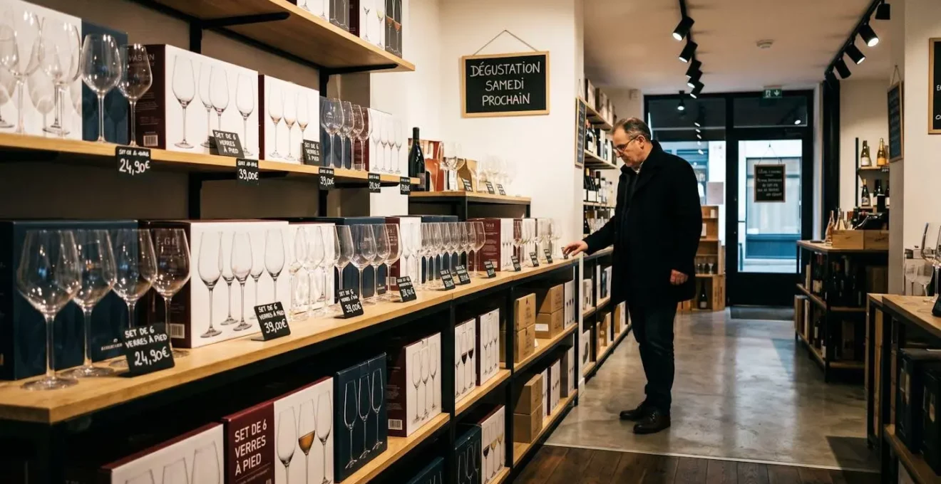 Rayons de verrerie dans un magasin spécialisé français avec étiquettes prix, client consultant les différentes gammes disponibles
