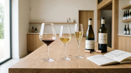 Table de dégustation avec trois verres Lehmann en cristallin de formes différentes contenant du vin, éclairés par lumière naturelle révélant la transparence du matériau, bouteilles de vin en arrière-plan