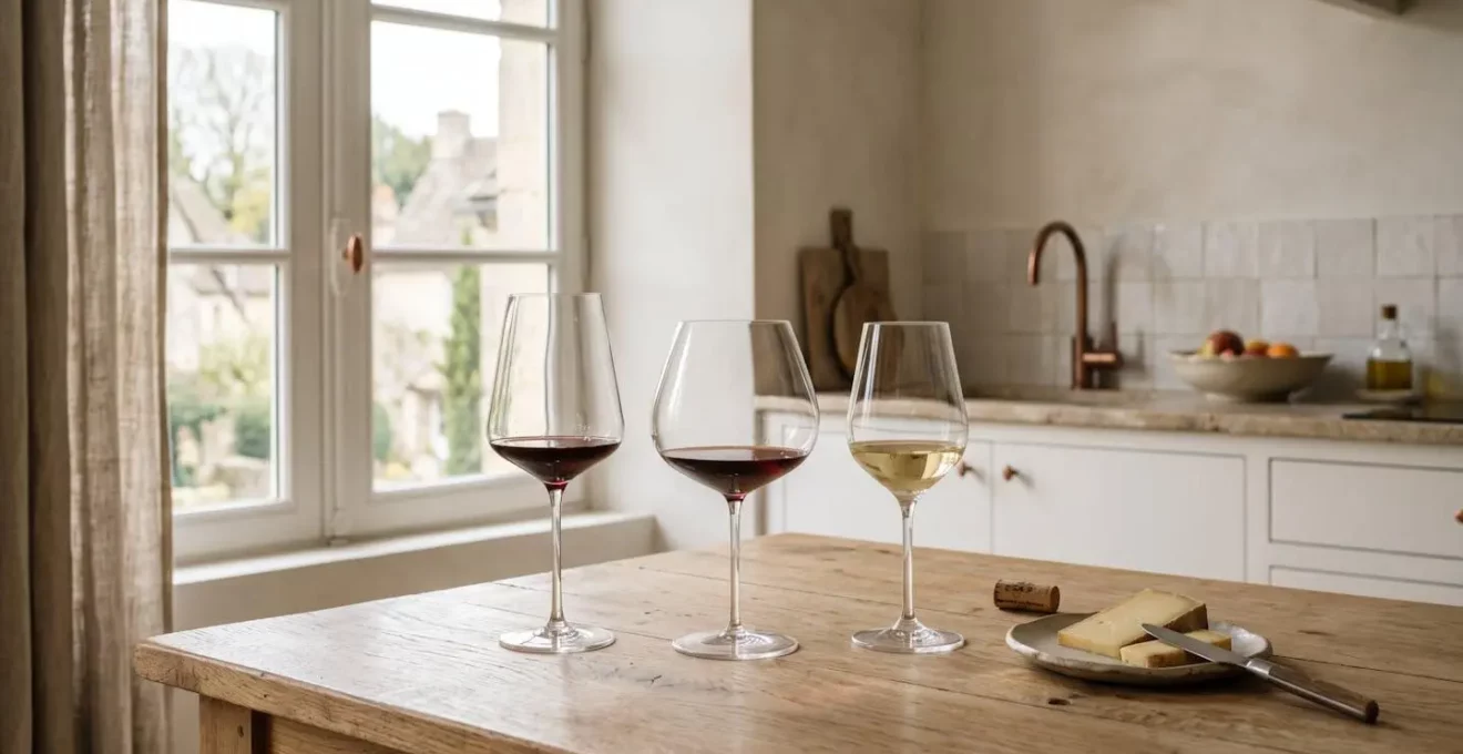 Trois types de verres à vin disposés sur une table en bois clair dans une cuisine française contemporaine, éclairés par une lumière naturelle douce