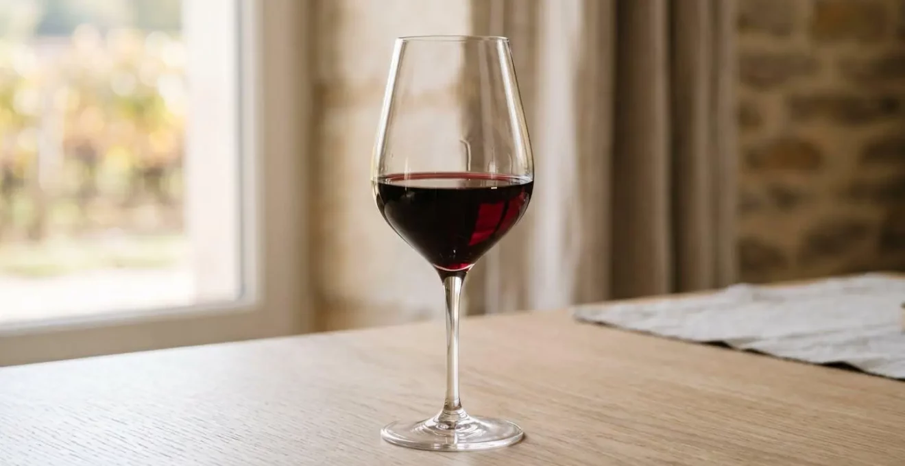 Gros plan macro sur un verre Bordeaux rempli de vin rouge foncé avec éclairage naturel latéral révélant la transparence du cristal